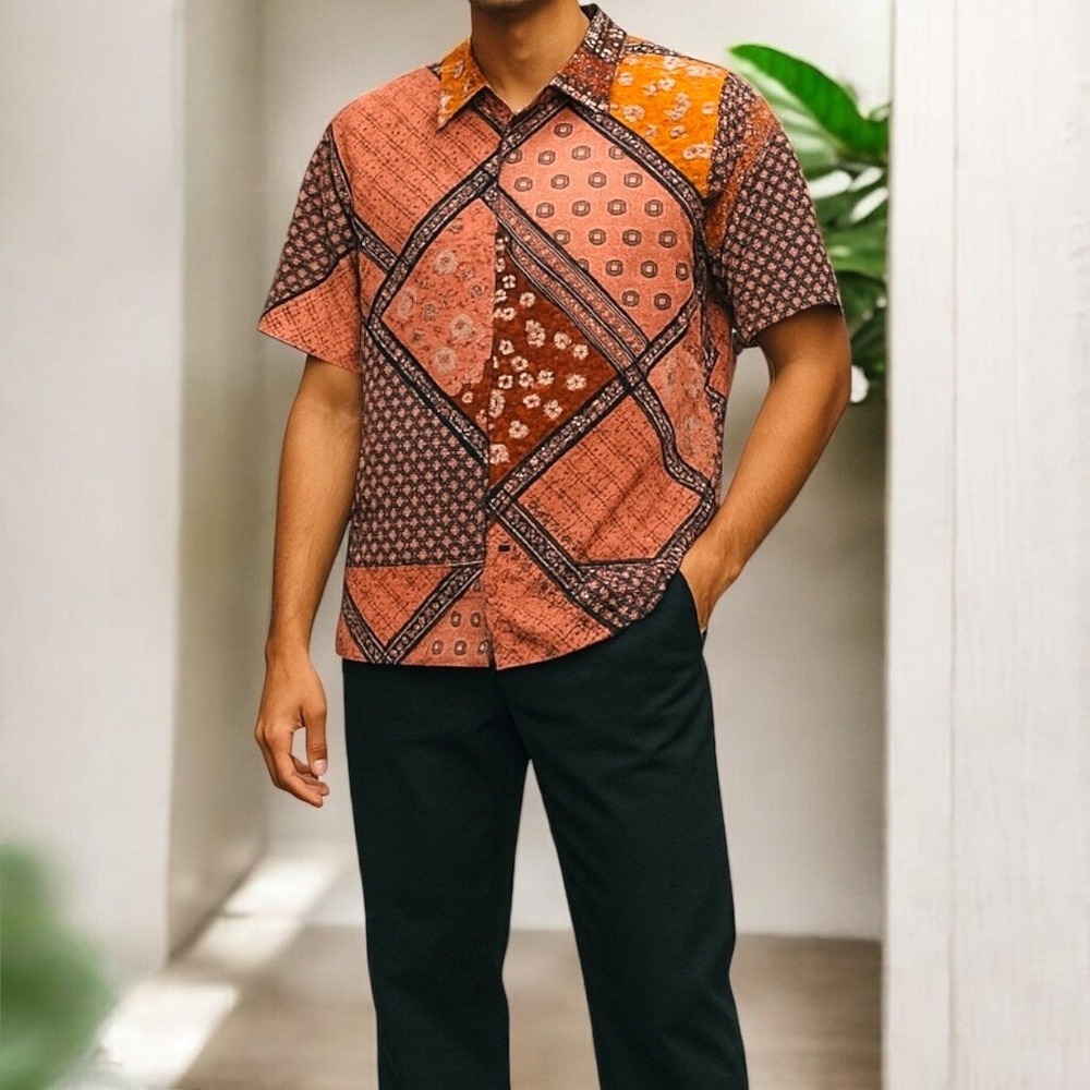 RAGA Man Boho Artsy Festival Bold Ikat‎ Viscose Patchwork Shirt Medium